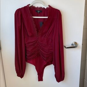 NWT*** Lulus Cadria Berry Red Long Sleeve Ruched Bodysuit - Size M